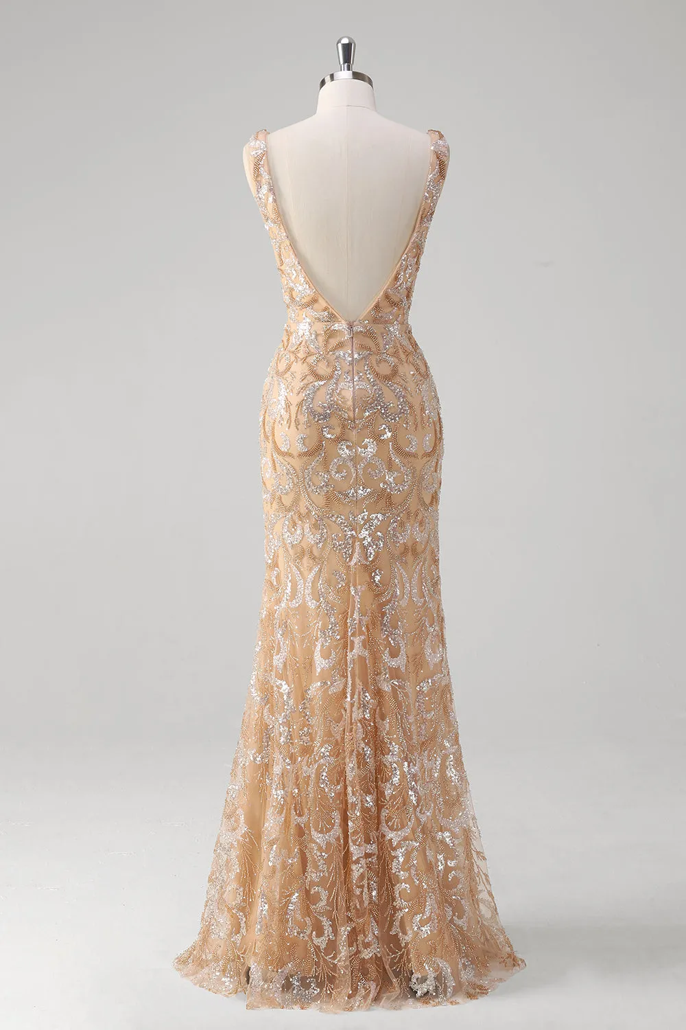 Champagne Mermaid V-Neck Sequined Long Prom Dress sold by Zapaka product image thumbnail 2