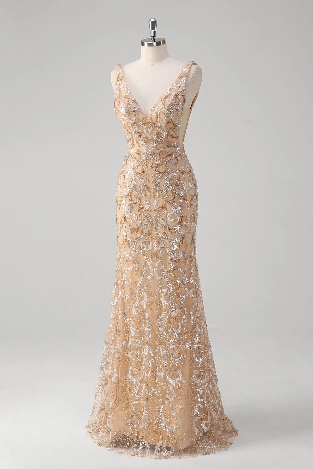 Champagne Mermaid V-Neck Sequined Long Prom Dress sold by Zapaka product image thumbnail 3