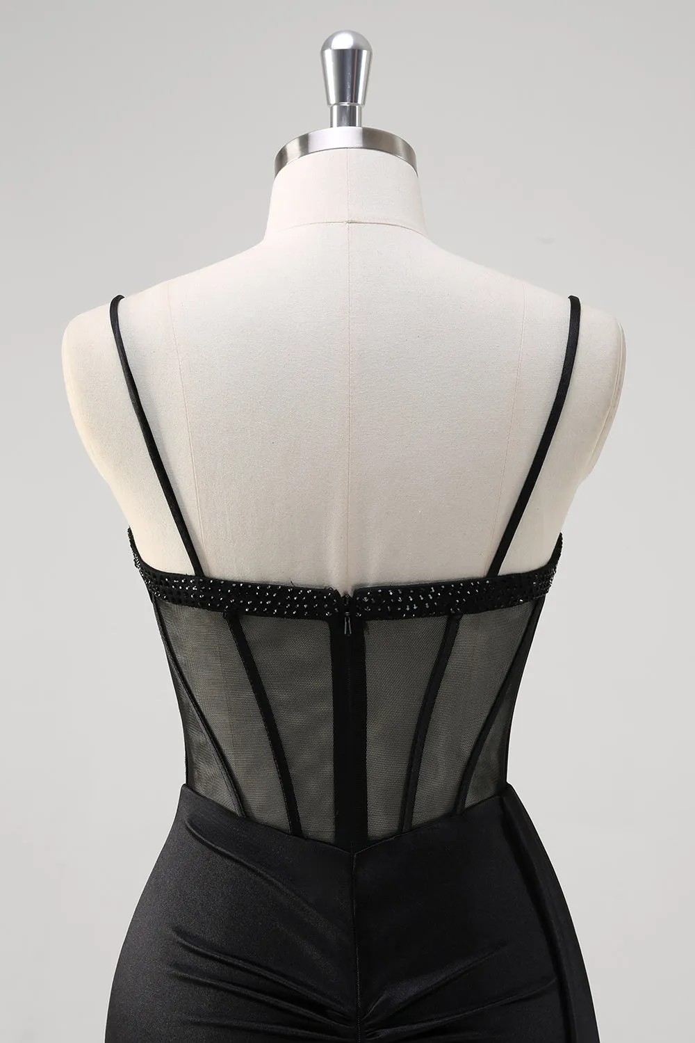 Black Spaghetti Straps Satin Mermaid Long Corset Prom Dress with Slit sold by Zapaka product image thumbnail 5