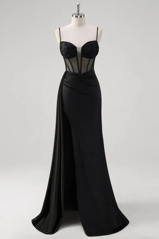 Black Spaghetti Straps Satin Mermaid Long Corset Prom Dress with Slit sold by Zapaka