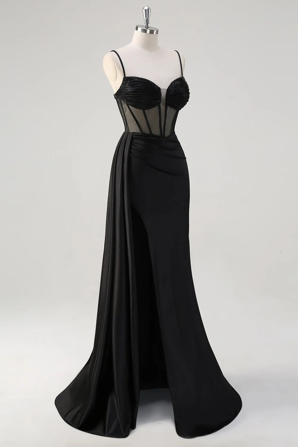 Black Spaghetti Straps Satin Mermaid Long Corset Prom Dress with Slit sold by Zapaka product image thumbnail 3