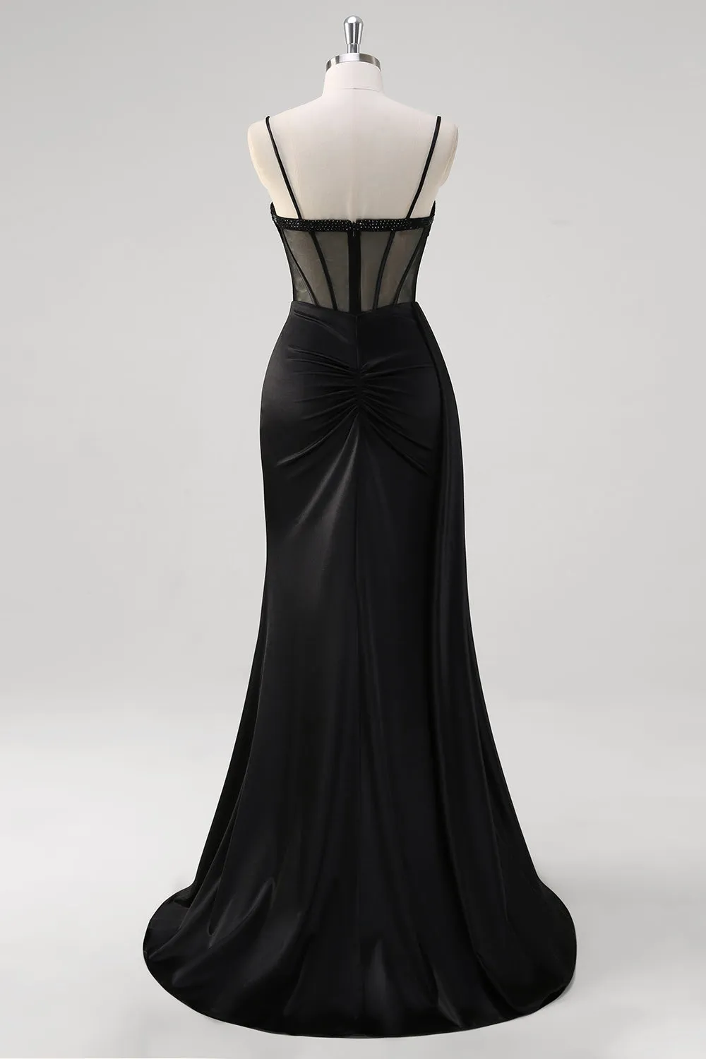 Black Spaghetti Straps Satin Mermaid Long Corset Prom Dress with Slit sold by Zapaka product image thumbnail 2