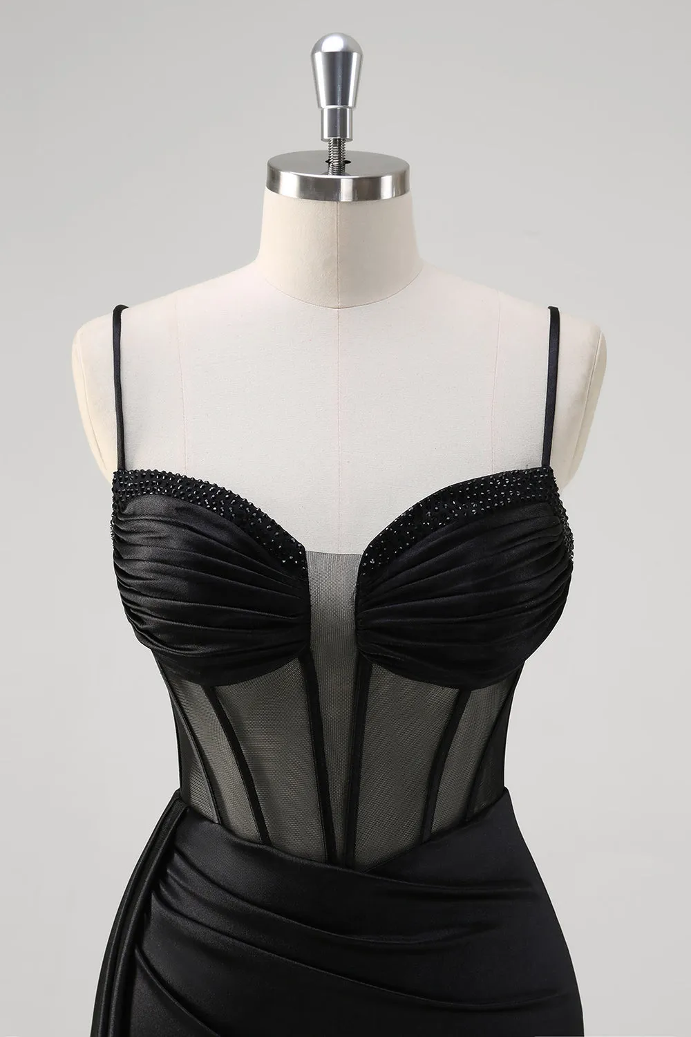 Black Spaghetti Straps Satin Mermaid Long Corset Prom Dress with Slit sold by Zapaka product image thumbnail 4