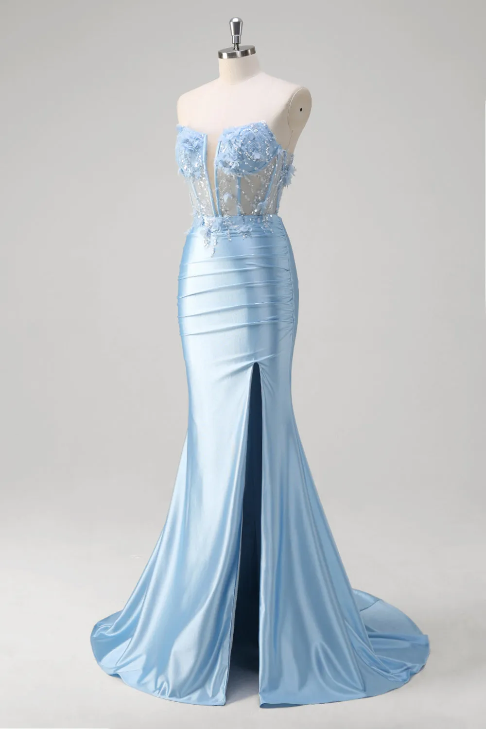 Blue Mermaid Floral Strapless Corset Long Prom Dress With Slit sold by Zapaka product image thumbnail 3