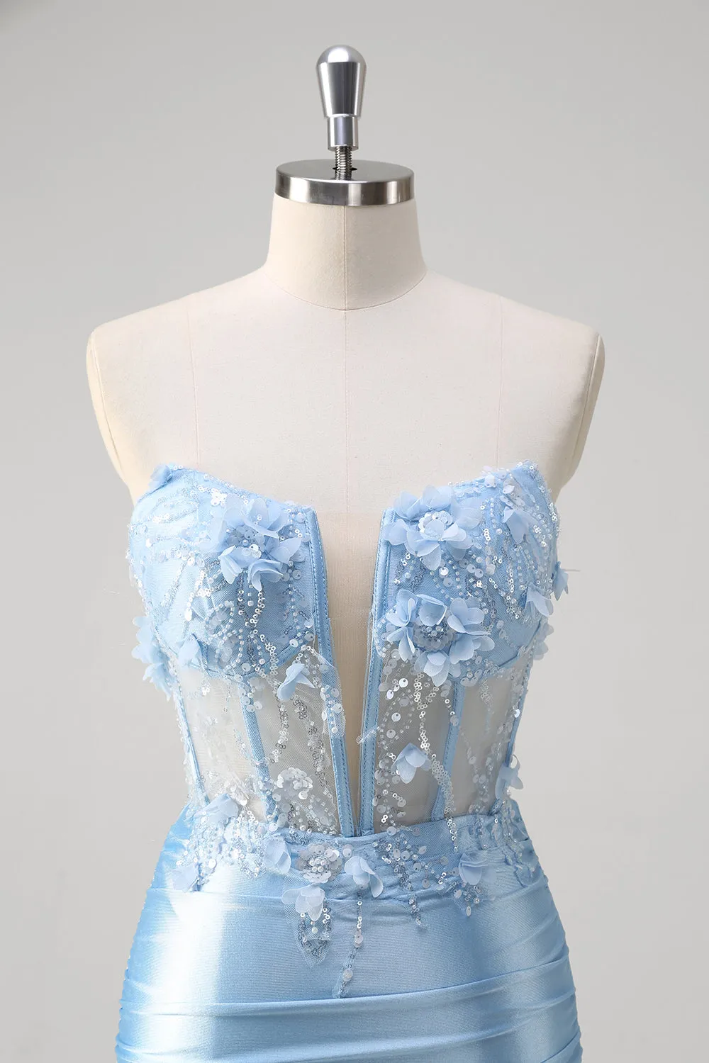 Blue Mermaid Floral Strapless Corset Long Prom Dress With Slit sold by Zapaka product image thumbnail 4