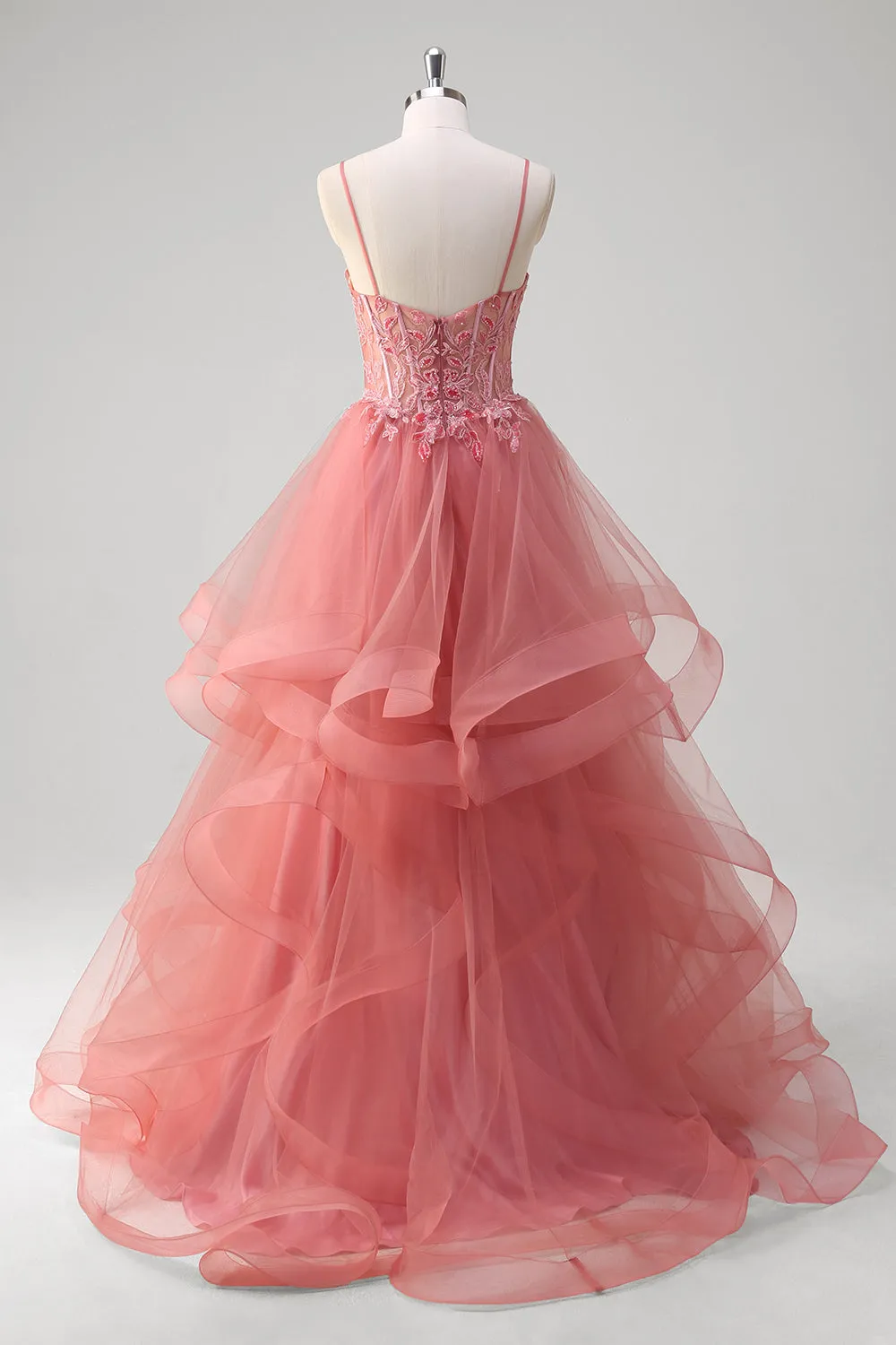 Coral A Line Spaghetti Straps Corset Tiered Long Prom Dress with Appliques sold by Zapaka product image thumbnail 2