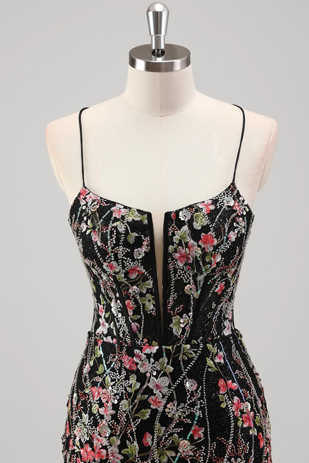 Black Floral Beaded Mermaid Spaghetti Straps Tulle Prom Dress sold by Zapaka product image thumbnail 4