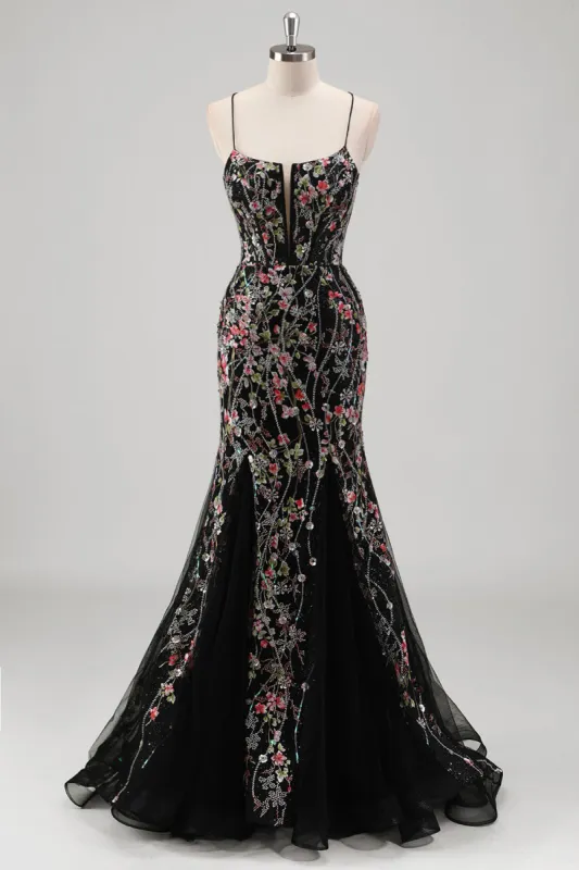 Black Floral Beaded Mermaid Spaghetti Straps Tulle Prom Dress sold by Zapaka