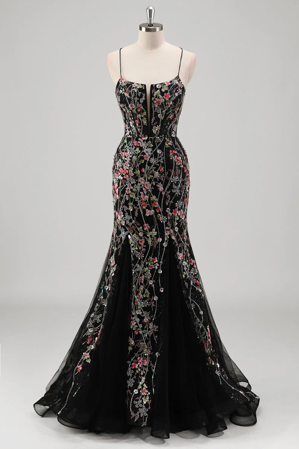 Black Floral Beaded Mermaid Spaghetti Straps Tulle Prom Dress sold by Zapaka