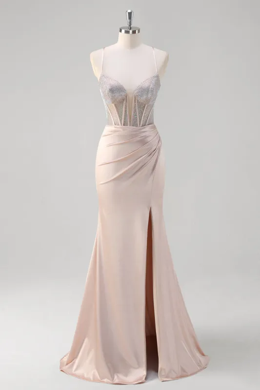 Blush Spaghetti Straps Mermaid Corset Beaded Long Prom Dress sold by Zapaka