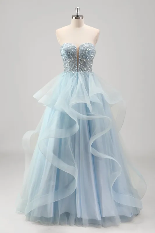 Blue Strapless Sparkly Sequins Tulle A Line Pleated Prom Dress sold by Zapaka