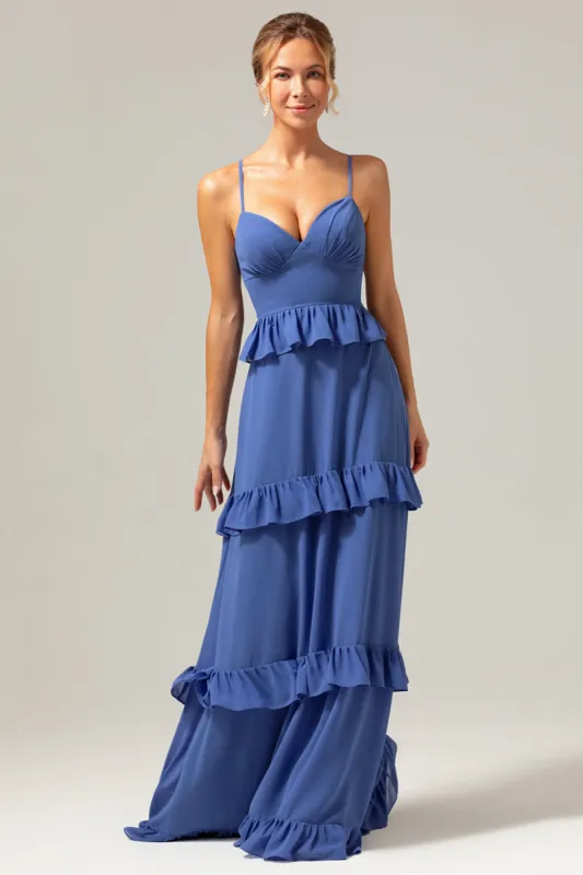 Dark Blue A-Line Spaghetti Straps Tiered Chiffon Long Bridesmaid Dress sold by Zapaka