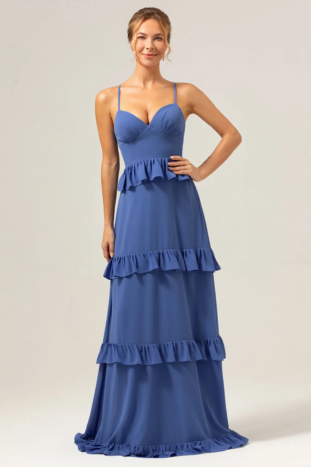 Dark Blue A-Line Spaghetti Straps Tiered Chiffon Long Bridesmaid Dress sold by Zapaka product image thumbnail 4