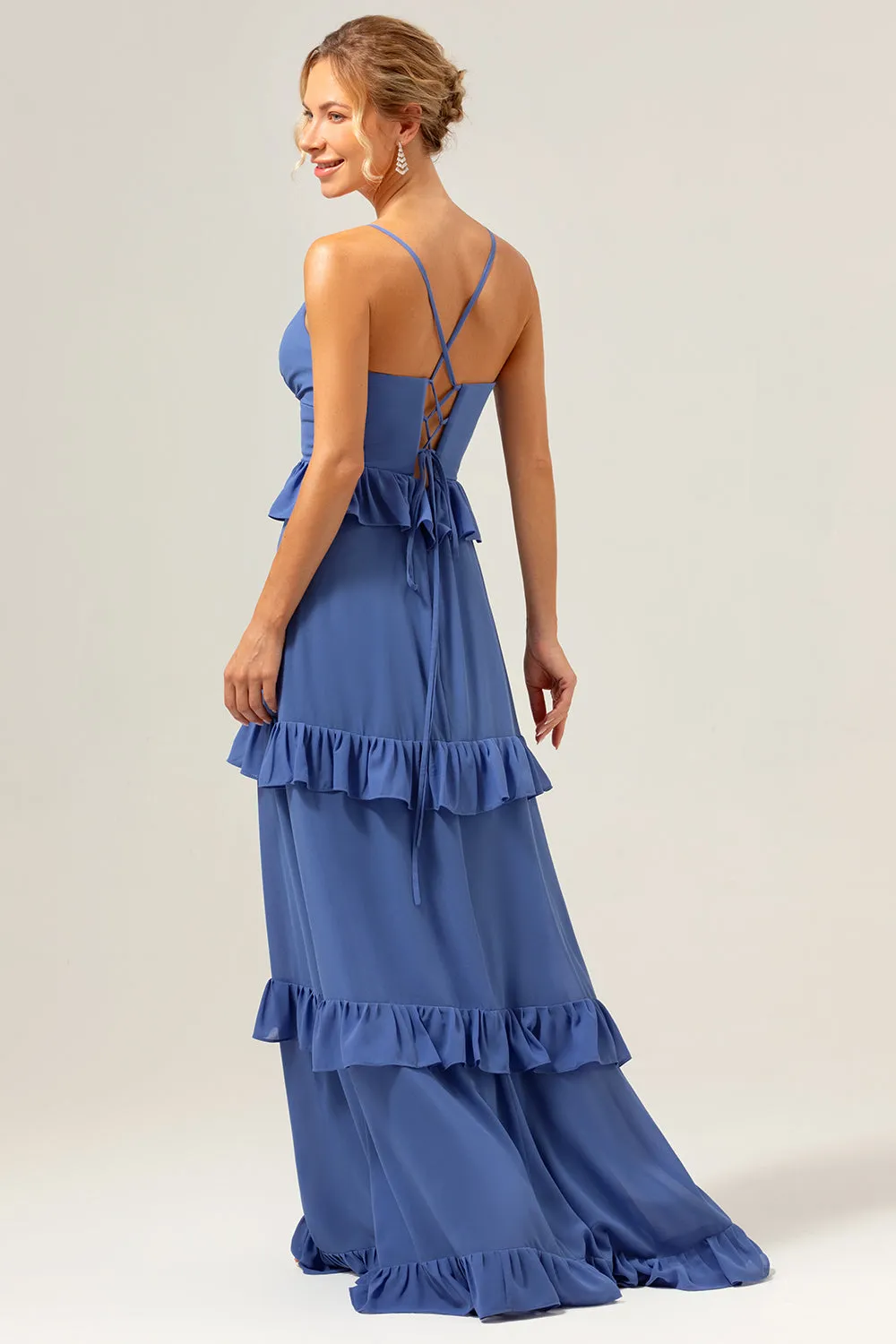 Dark Blue A-Line Spaghetti Straps Tiered Chiffon Long Bridesmaid Dress sold by Zapaka product image thumbnail 2