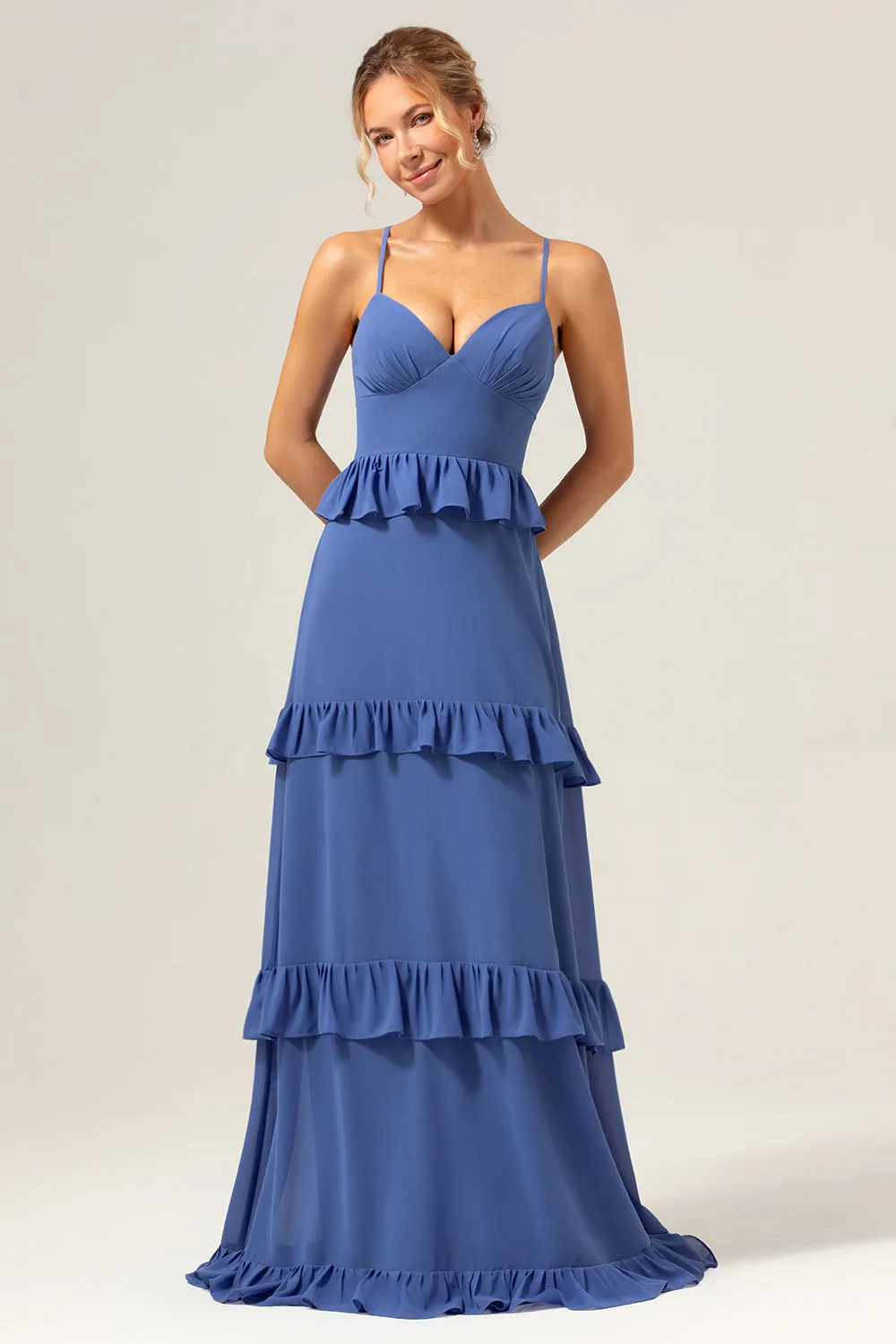 Dark Blue A-Line Spaghetti Straps Tiered Chiffon Long Bridesmaid Dress sold by Zapaka product image thumbnail 5