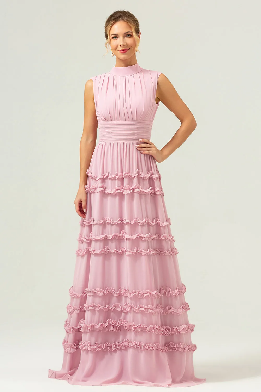 Blush A-Line Ruffled Chiffon Long Bridesmaid Dress with Open Back sold by Zapaka product image thumbnail 3