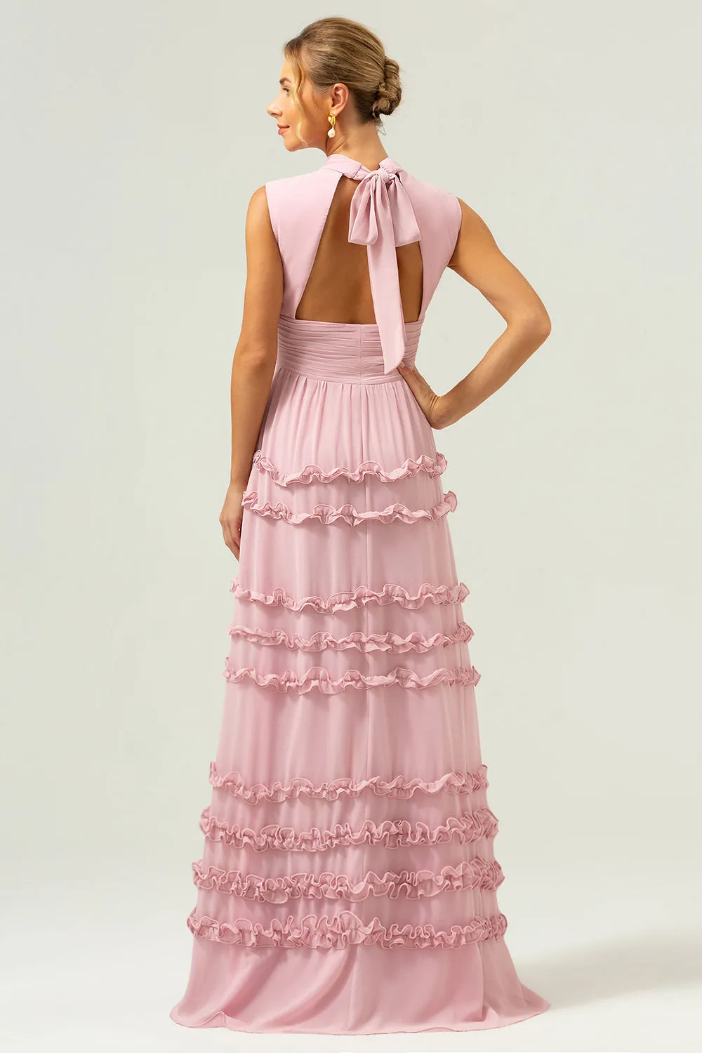 Blush A-Line Ruffled Chiffon Long Bridesmaid Dress with Open Back sold by Zapaka product image thumbnail 2