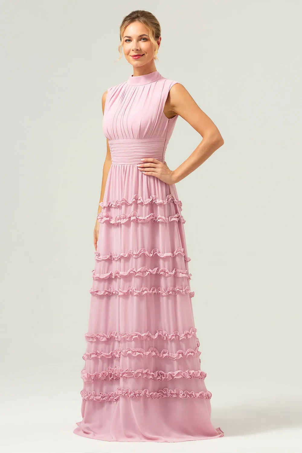 Blush A-Line Ruffled Chiffon Long Bridesmaid Dress with Open Back sold by Zapaka product image thumbnail 5