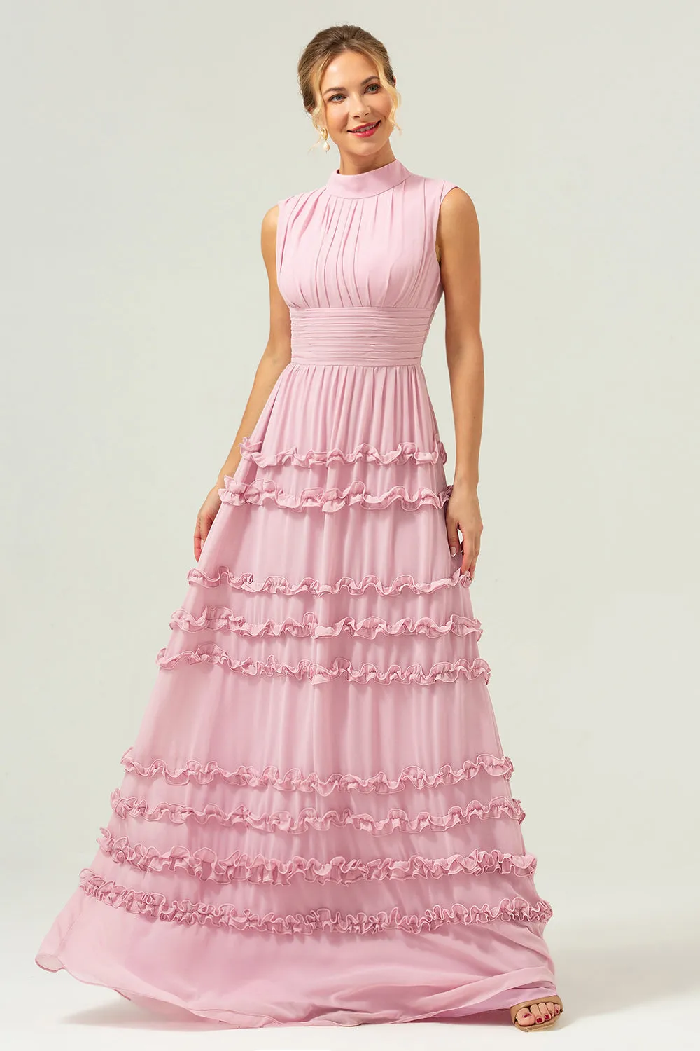 Blush A-Line Ruffled Chiffon Long Bridesmaid Dress with Open Back sold by Zapaka