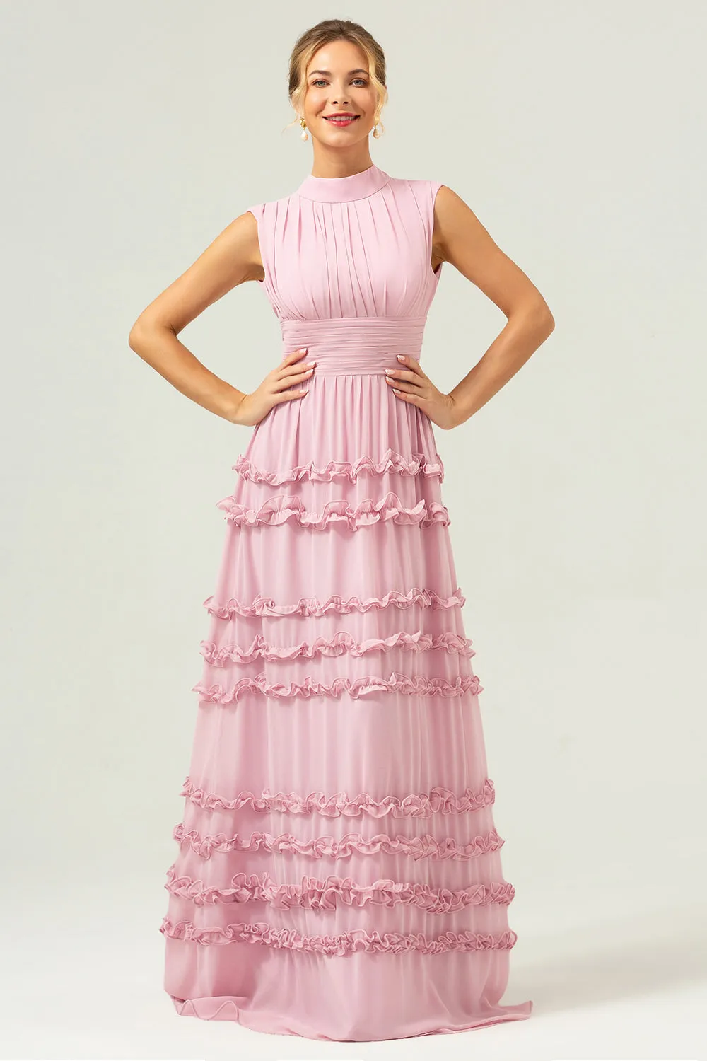 Blush A-Line Ruffled Chiffon Long Bridesmaid Dress with Open Back sold by Zapaka product image thumbnail 4