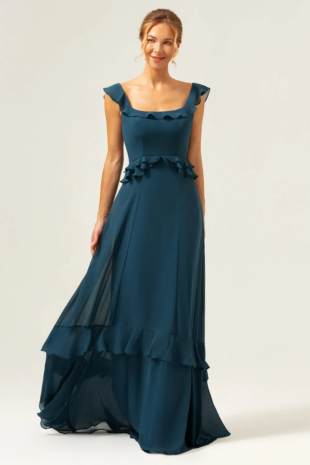 A-Line Dark Peacock Green Scoop Neck Chiffon Long Bridesmaid Dress sold by Zapaka