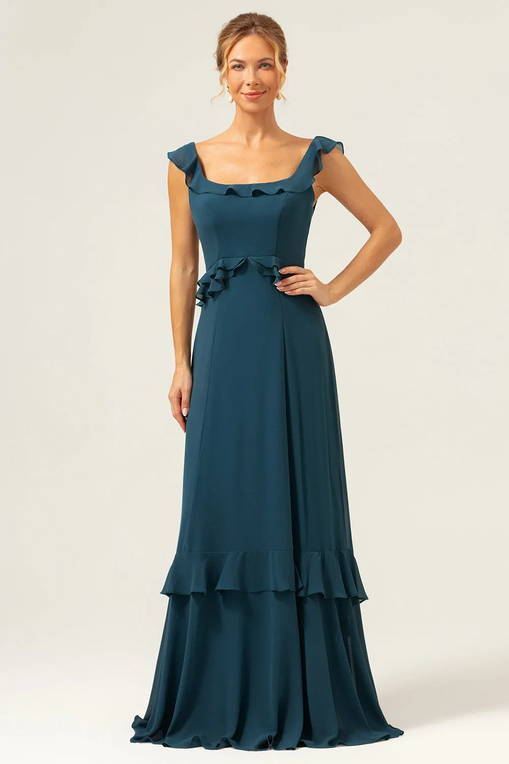 A-Line Dark Peacock Green Scoop Neck Chiffon Long Bridesmaid Dress sold by Zapaka product image thumbnail 3