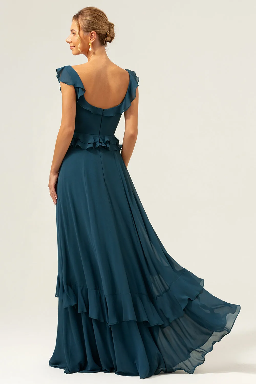 A-Line Dark Peacock Green Scoop Neck Chiffon Long Bridesmaid Dress sold by Zapaka product image thumbnail 2