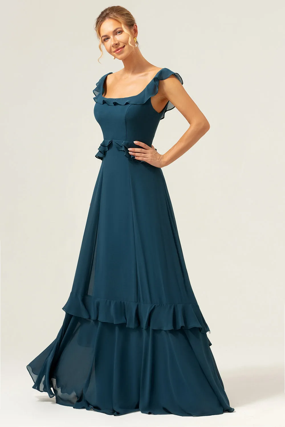 A-Line Dark Peacock Green Scoop Neck Chiffon Long Bridesmaid Dress sold by Zapaka product image thumbnail 5