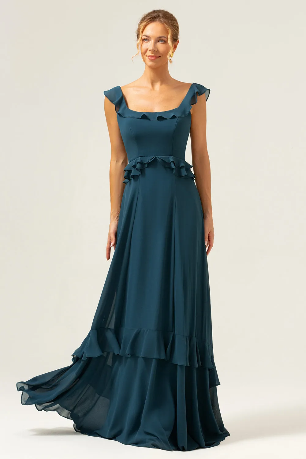 A-Line Dark Peacock Green Scoop Neck Chiffon Long Bridesmaid Dress sold by Zapaka product image thumbnail 4