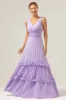 Lilac Chiffon A-Line Ruched Long Bridesmaid Dress with Ruffles sold by Zapaka