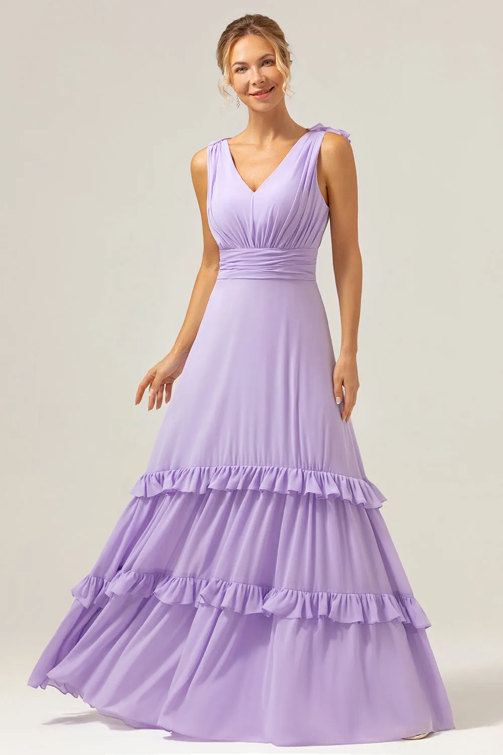 Lilac Chiffon A-Line Ruched Long Bridesmaid Dress with Ruffles sold by Zapaka product image thumbnail 4