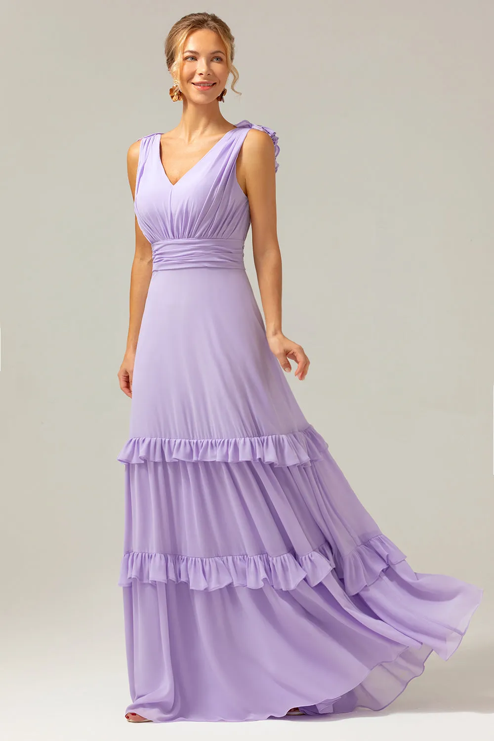 Lilac Chiffon A-Line Ruched Long Bridesmaid Dress with Ruffles sold by Zapaka product image thumbnail 5