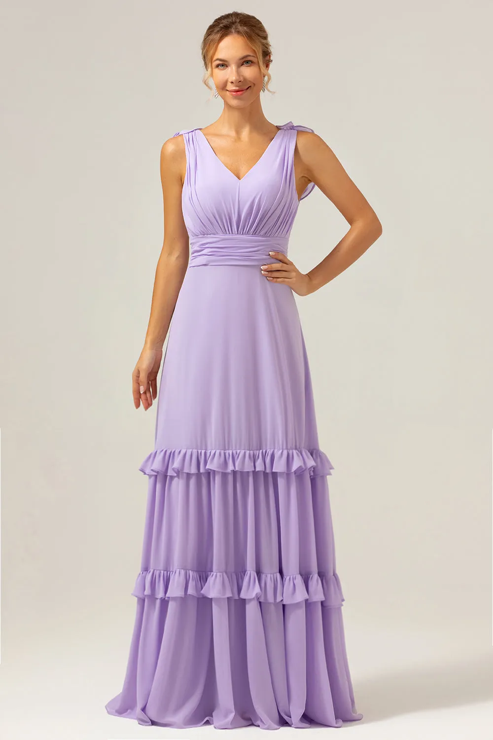 Lilac Chiffon A-Line Ruched Long Bridesmaid Dress with Ruffles sold by Zapaka product image thumbnail 3