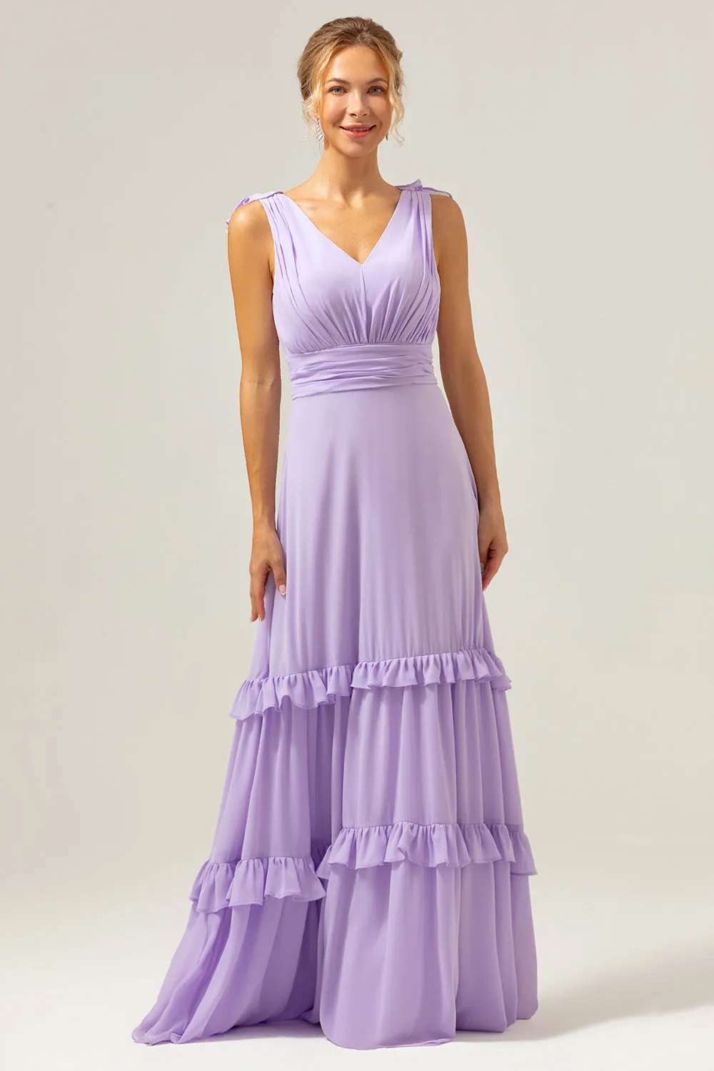 Lilac Chiffon A-Line Ruched Long Bridesmaid Dress with Ruffles sold by Zapaka
