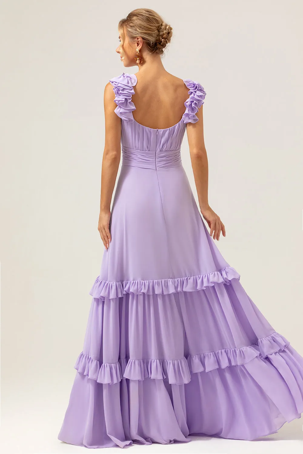Lilac Chiffon A-Line Ruched Long Bridesmaid Dress with Ruffles sold by Zapaka product image thumbnail 2