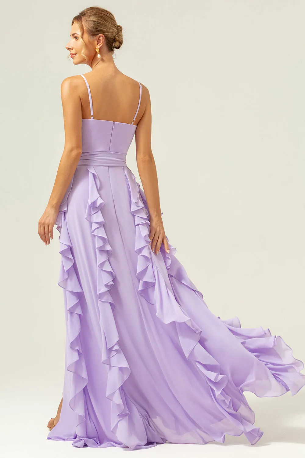 Lilac Spaghetti Straps A-Line Chiffon Ruffled Bridesmaid Dress with Slit sold by Zapaka product image thumbnail 2