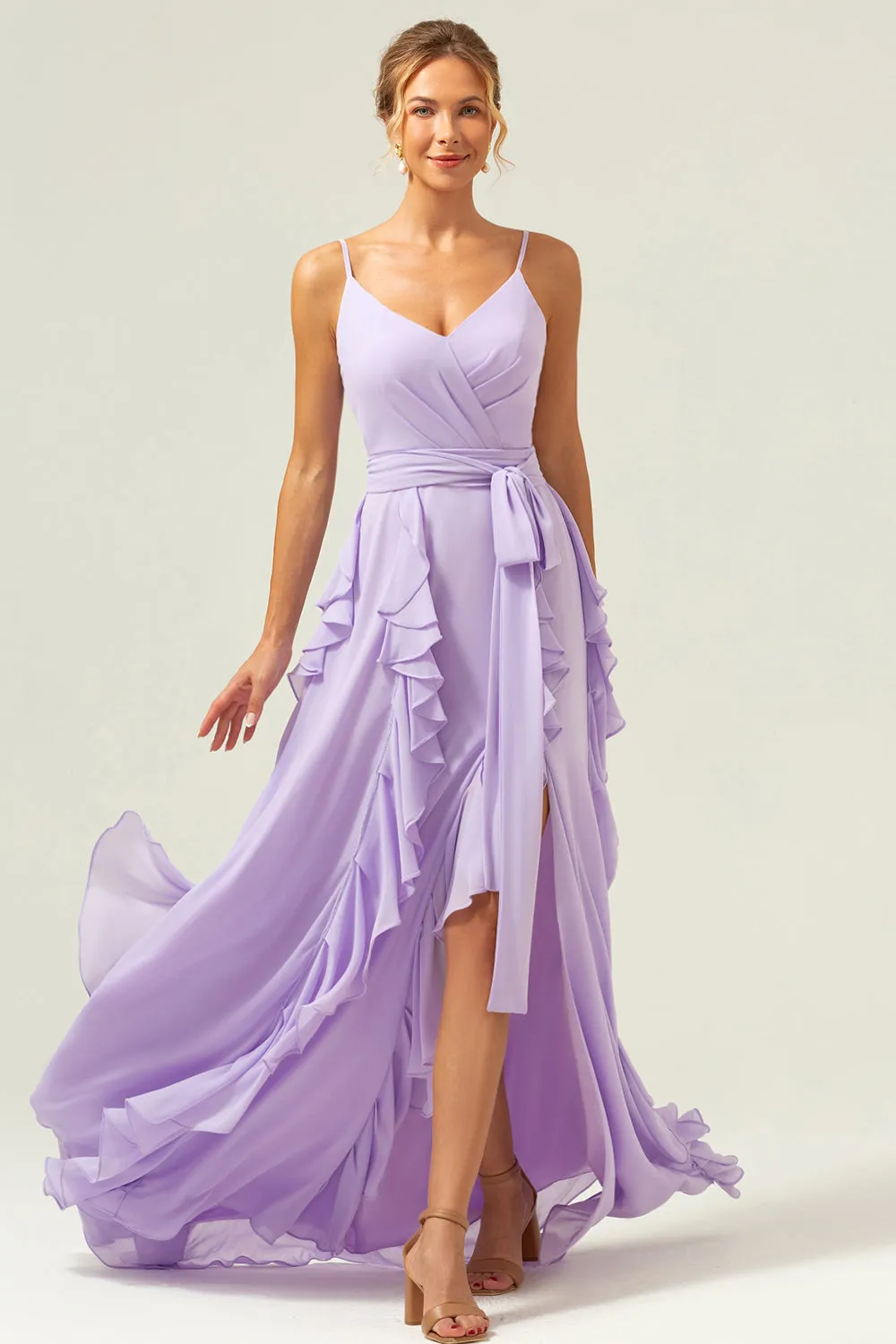 Lilac Spaghetti Straps A-Line Chiffon Ruffled Bridesmaid Dress with Slit sold by Zapaka product image thumbnail 5