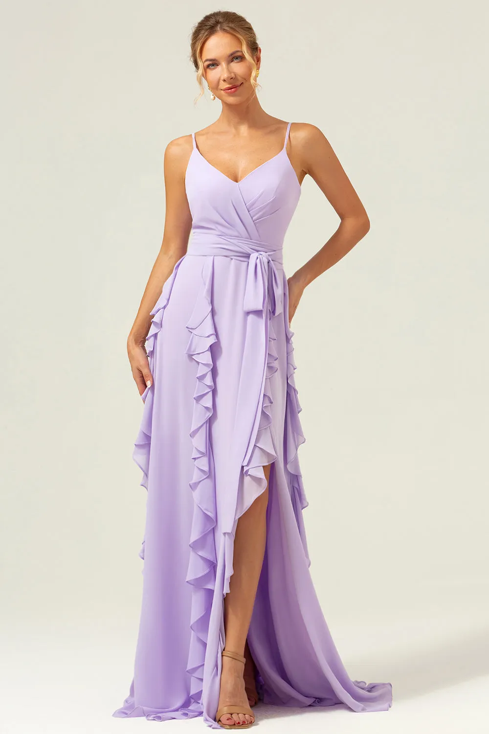 Lilac Spaghetti Straps A-Line Chiffon Ruffled Bridesmaid Dress with Slit sold by Zapaka