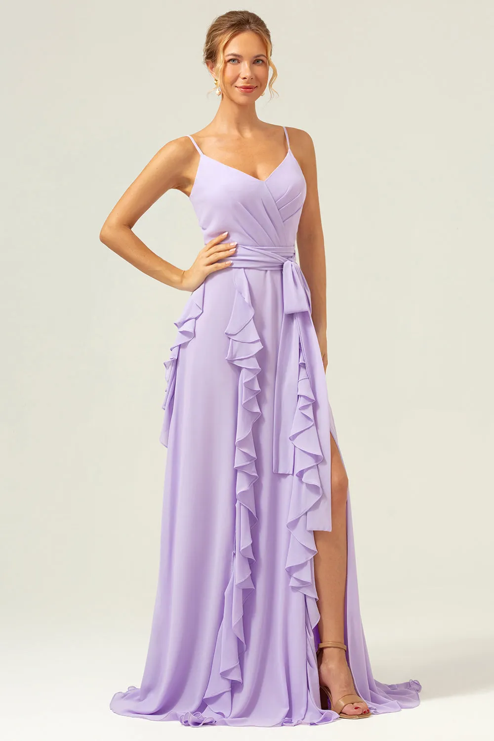 Lilac Spaghetti Straps A-Line Chiffon Ruffled Bridesmaid Dress with Slit sold by Zapaka product image thumbnail 3