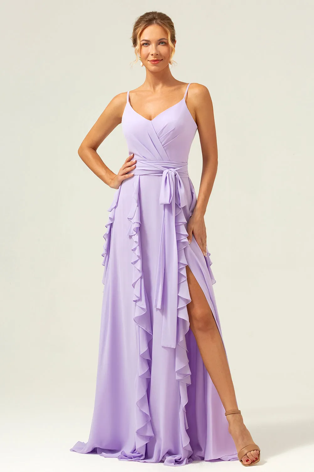 Lilac Spaghetti Straps A-Line Chiffon Ruffled Bridesmaid Dress with Slit sold by Zapaka product image thumbnail 4