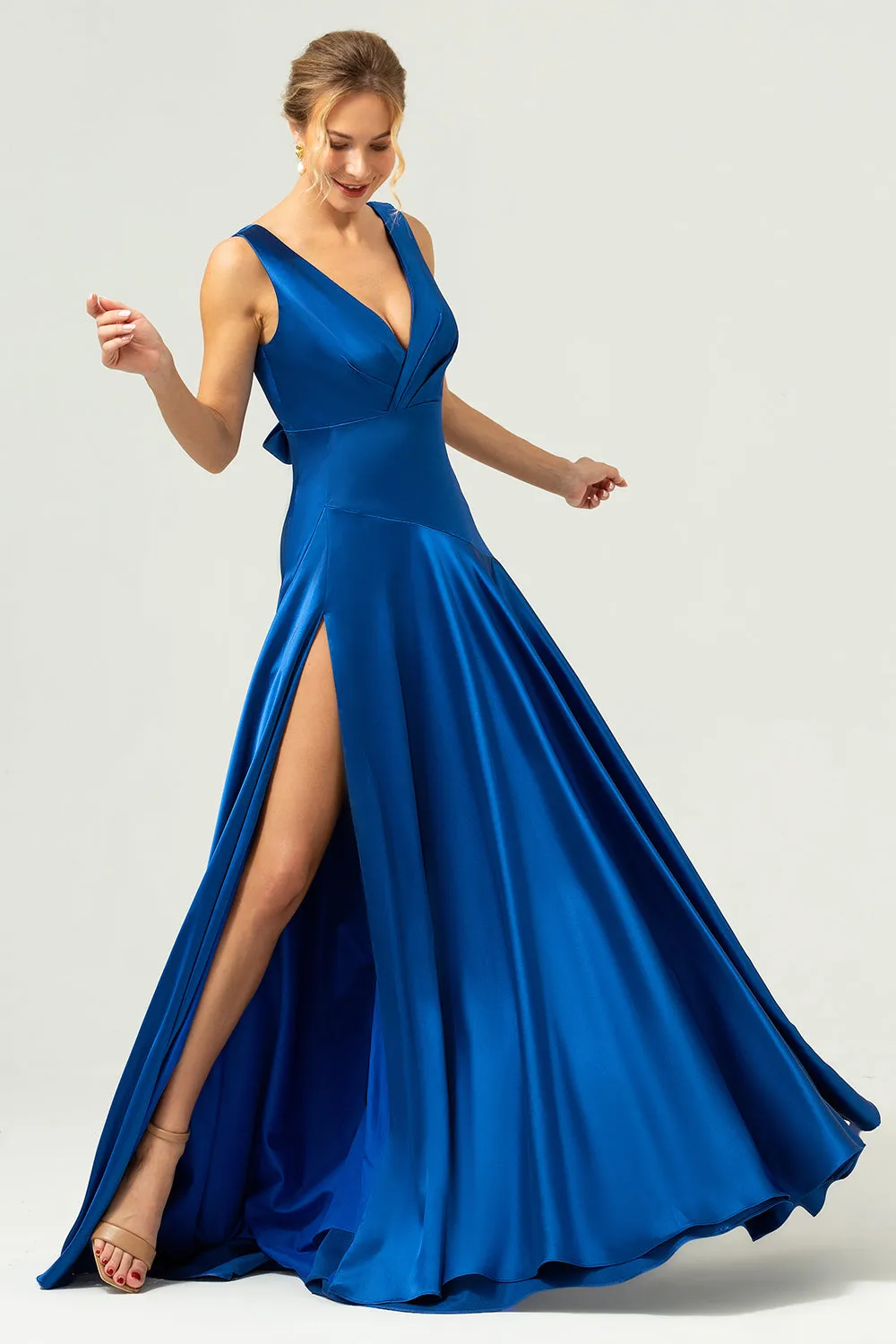 Ink Blue A Line V-Neck Satin Long Bridesmaid Dress with Slit sold by Zapaka product image thumbnail 3