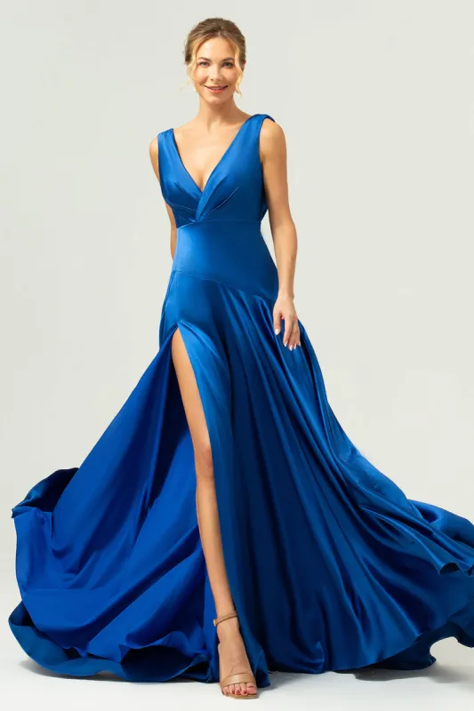 Ink Blue A Line V-Neck Satin Long Bridesmaid Dress with Slit sold by Zapaka