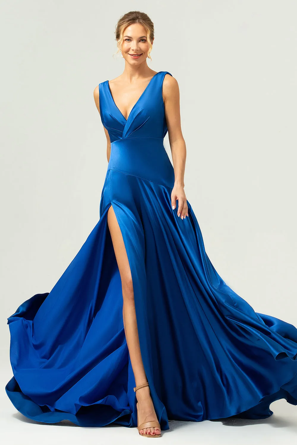 Ink Blue A Line V-Neck Satin Long Bridesmaid Dress with Slit sold by Zapaka
