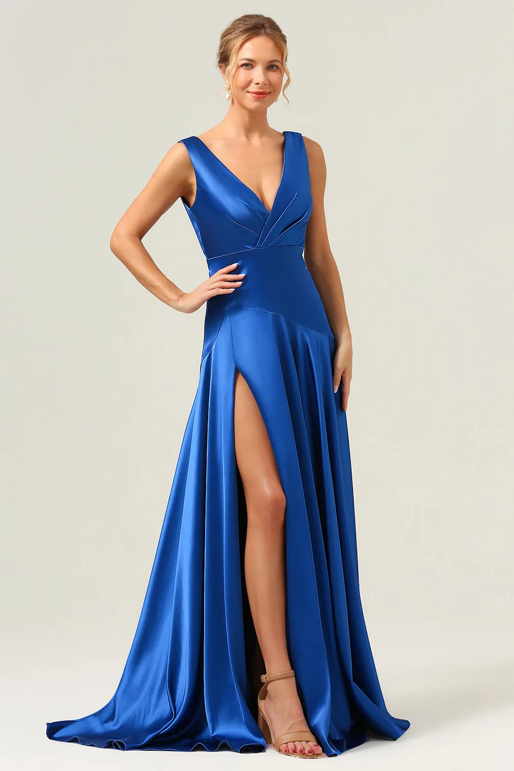 Ink Blue A Line V-Neck Satin Long Bridesmaid Dress with Slit sold by Zapaka product image thumbnail 4