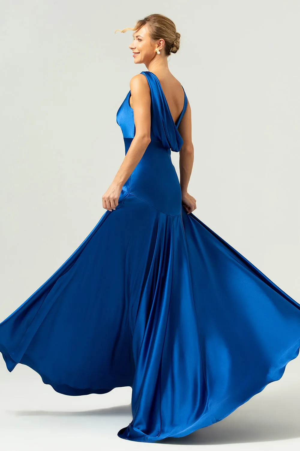Ink Blue A Line V-Neck Satin Long Bridesmaid Dress with Slit sold by Zapaka product image thumbnail 2