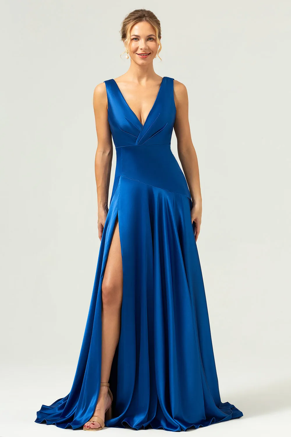 Ink Blue A Line V-Neck Satin Long Bridesmaid Dress with Slit sold by Zapaka product image thumbnail 5