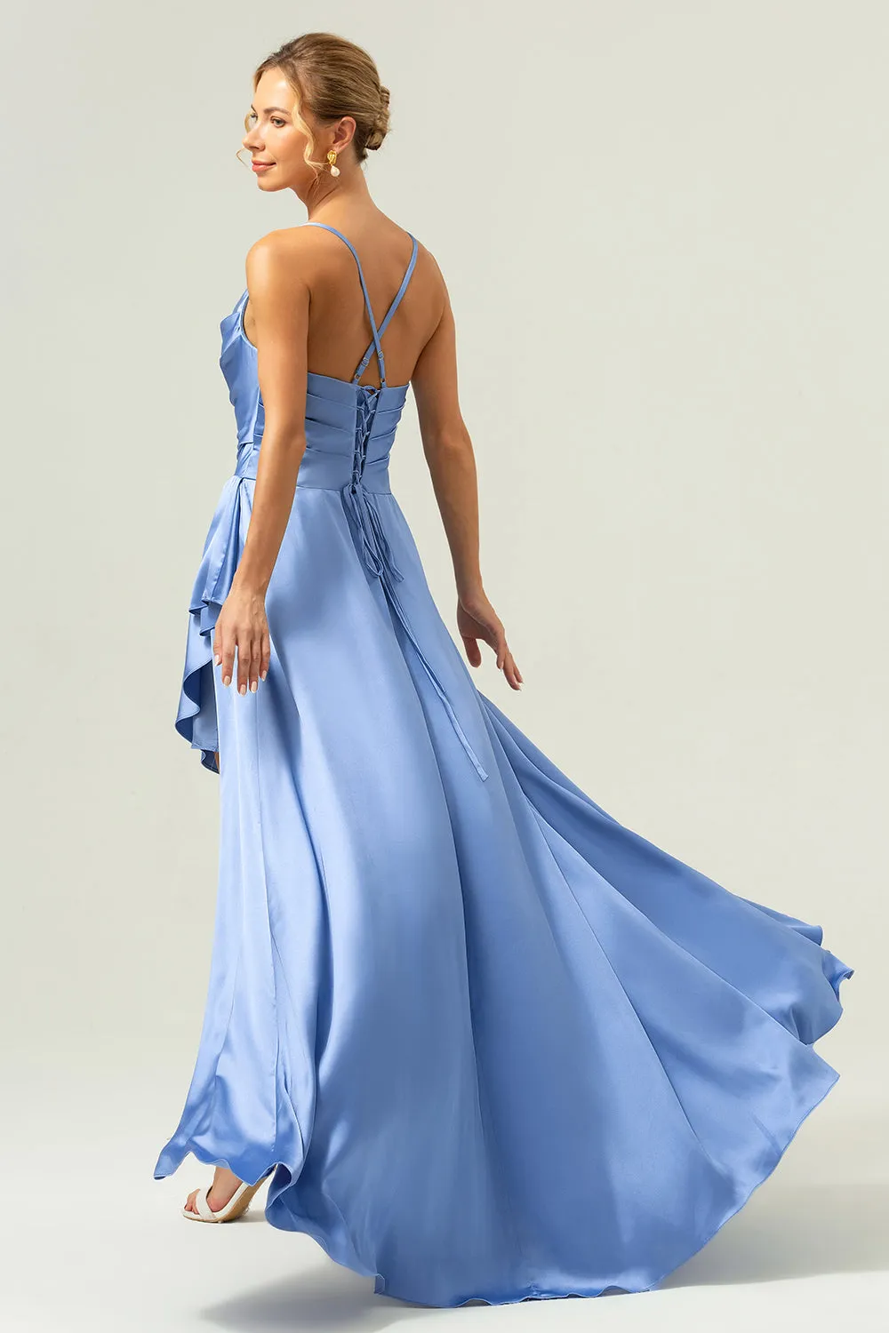 Blue Asymmetrical Cowl Neck Satin Bridesmaid Dress with Slit sold by Zapaka product image thumbnail 2
