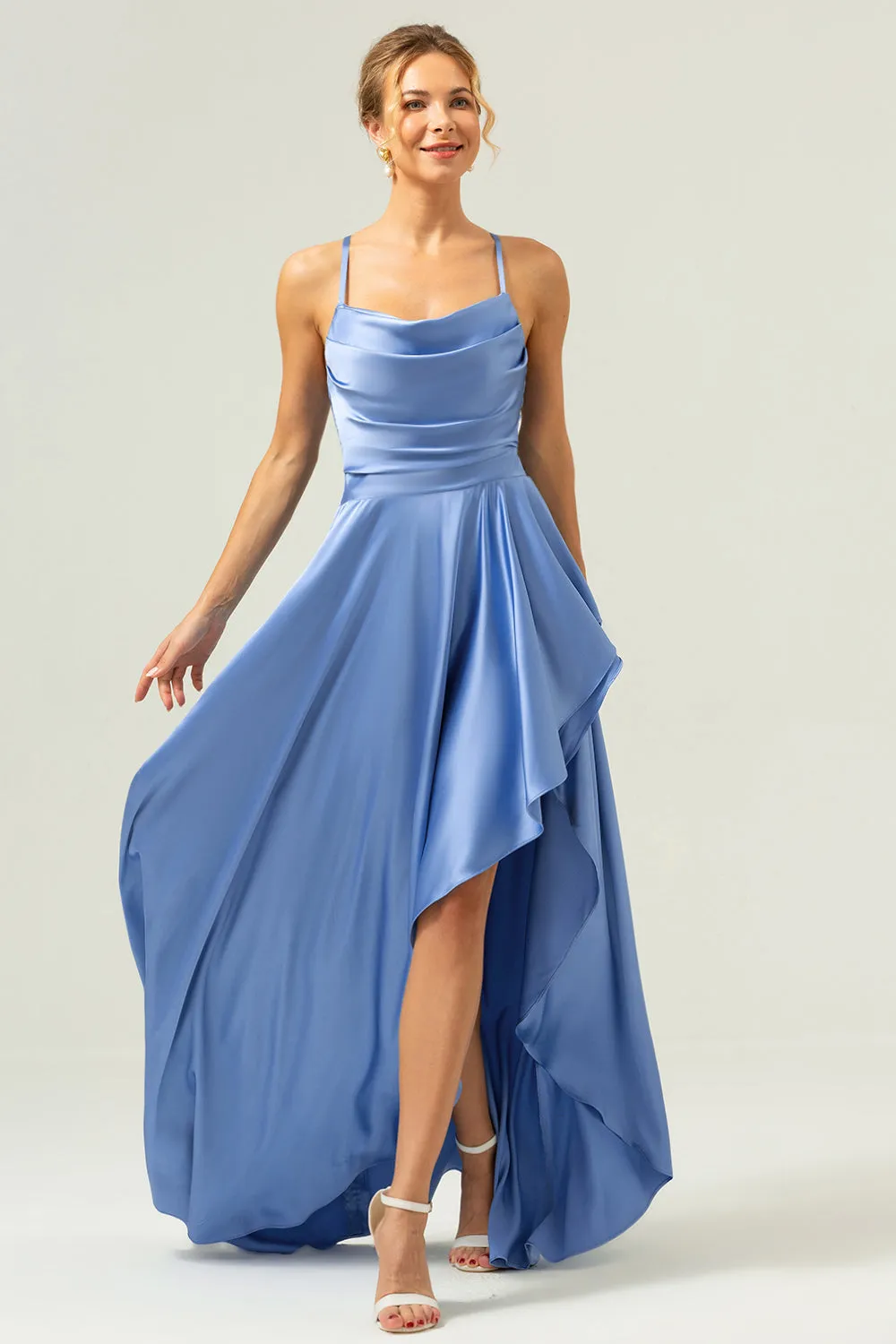 Blue Asymmetrical Cowl Neck Satin Bridesmaid Dress with Slit sold by Zapaka