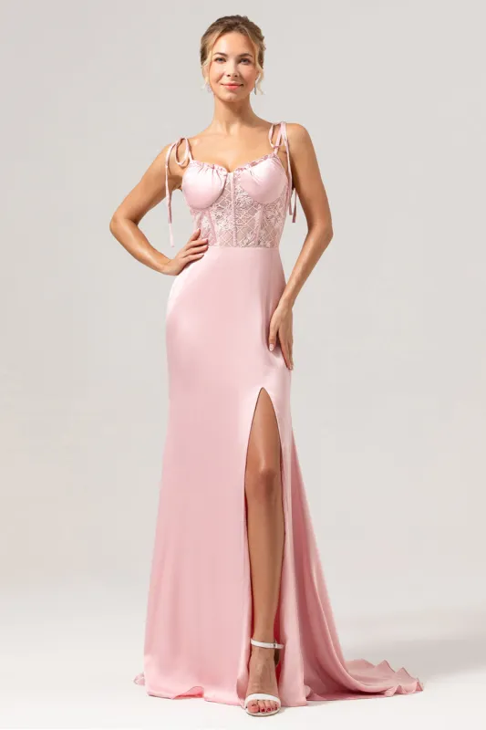 Mermaid Spaghetti Straps Satin Pink Long Bridesmaid Dress with Slit sold by Zapaka