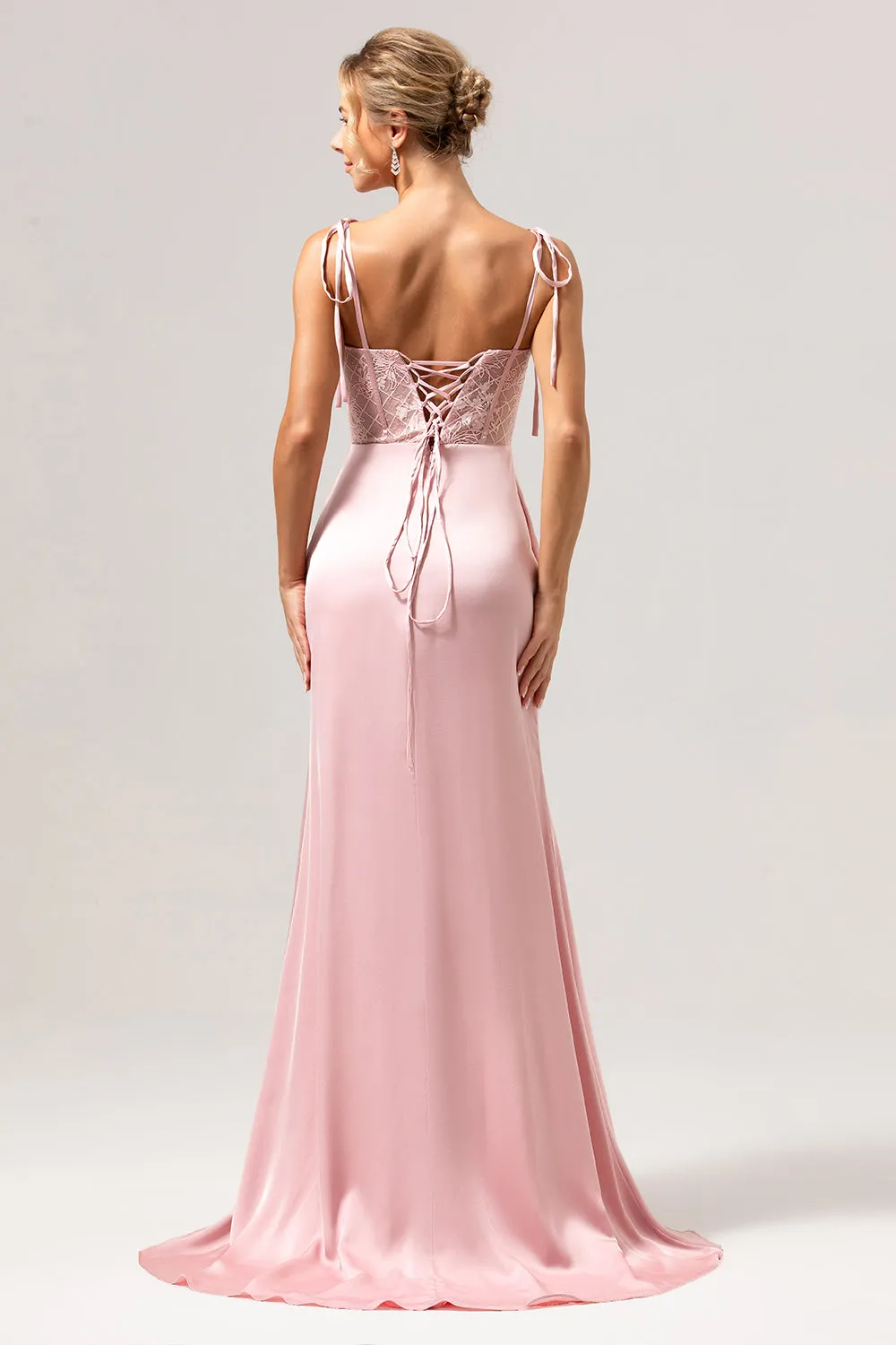 Mermaid Spaghetti Straps Satin Pink Long Bridesmaid Dress with Slit sold by Zapaka product image thumbnail 2